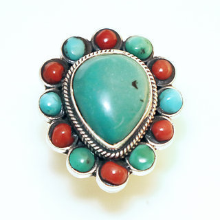 Bijoux ethniques indiens bague en argent 925 et pierre fine turquoise naturelle corail goutte npalais - 010 Npal b