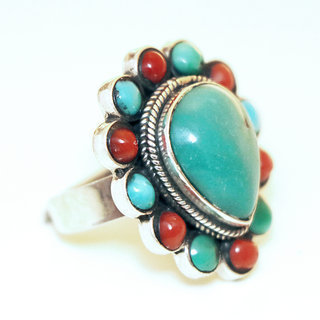 Bijoux ethniques indiens bague en argent 925 et pierre fine turquoise naturelle corail goutte npalais - 010 Npal c