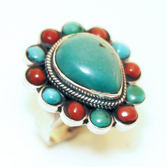 Bague cabochon fleur en argent 925 Turquoise et Corail - Népal 010