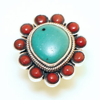 Bijoux ethniques indiens bague en argent 925 et pierre fine corail turquoise naturelle goutte npalais - 010 Npal b