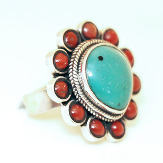 Bijoux ethniques indiens bague en argent 925 et pierre fine corail turquoise naturelle goutte npalais - 010 Npal c