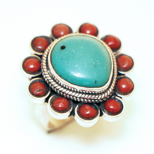 Bague cabochon fleur en argent 925 Corail et Turquoise - Népal 010