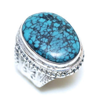 Bijoux ethniques indiens bague chevalire en argent massif 925 et turquoise naturelle cabochon npalais - 012 Npal