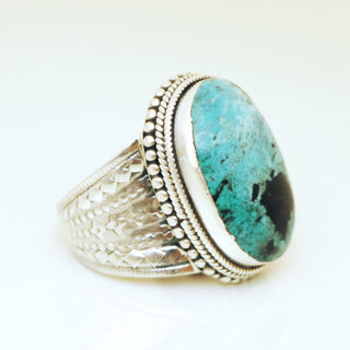 Bijoux ethniques indiens bague chevalire en argent 925 homme femme grande ovale filigranes graves et pierre fine ovale Turquoise naturelle vritable npalais - Npal 013 c