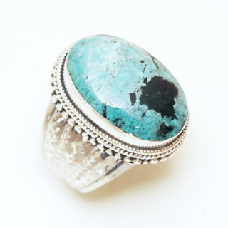 Bijoux ethniques indiens bague chevalire en argent 925 homme femme grande ovale filigranes graves et pierre fine ovale Turquoise naturelle vritable npalais - Npal 013