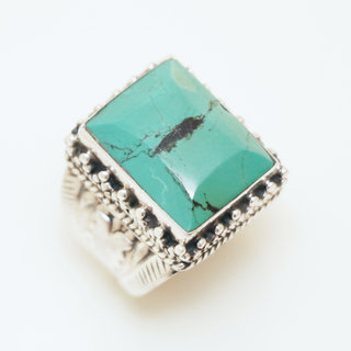 Bijoux ethniques indiens bague chevalire en argent 925 homme femme et pierre fine Turquoise naturelle vritable rectangle grav npalais - Npal 014