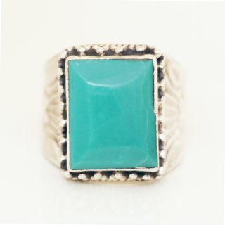 Bijoux ethniques indiens bague chevalire en argent 925 et pierre fine rectangle grav turquoise naturelle npalais - 015 Npal b