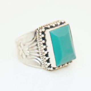 Bijoux ethniques indiens bague chevalire en argent 925 et pierre fine rectangle grav turquoise naturelle npalais - 015 Npal c