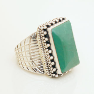 Bijoux ethniques indiens bague en argent 925 chevalire homme femme et pierre fine Turquoise naturelle vritable rectangle grav - Npal 016 c