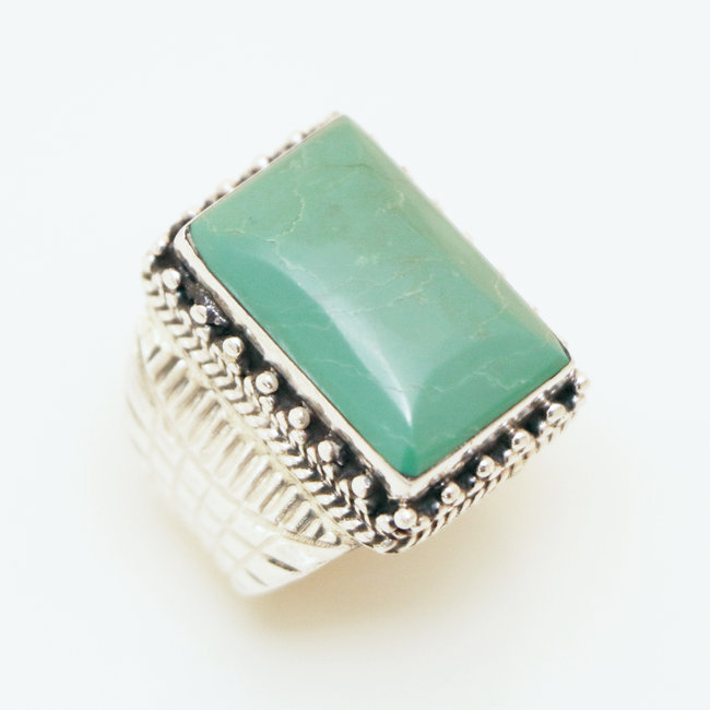 Bague chevalière rectangle filigranes argent 925 et Turquoise naturelle - Népal 016