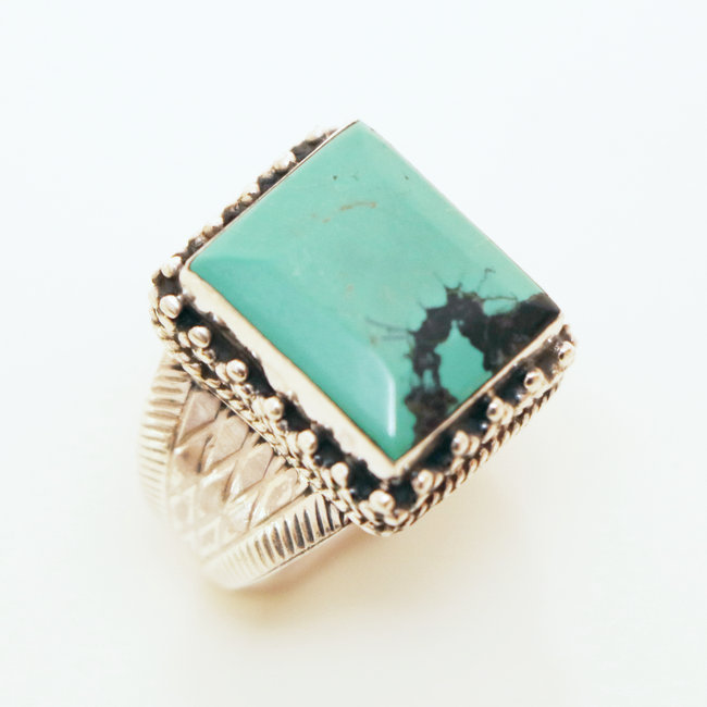 Bague chevalière rectangle filigranes argent 925 et Turquoise naturelle - Népal 017