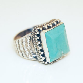 Bijoux ethniques indiens bague chevalire en argent 925 homme femme et pierre fine Turquoise naturelle vritable rectangle grav npalais - Npal 018 c