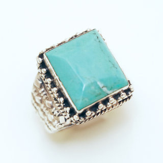 Bijoux ethniques indiens bague chevalire en argent 925 homme femme et pierre fine Turquoise naturelle vritable rectangle grav npalais - Npal 018