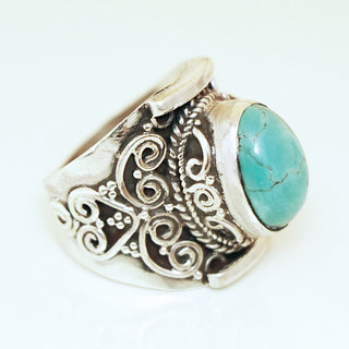 Bijoux ethniques indiens bague chevalire en argent 925 homme femme et pierre fine ovale filigranes grave Turquoise naturelle vritable - Npal 023 b