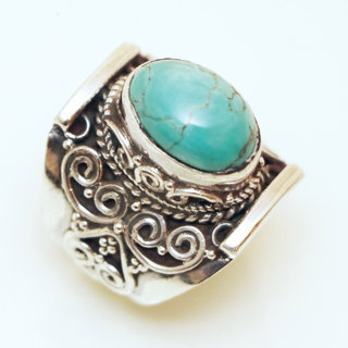 Bijoux ethniques indiens bague chevalire en argent 925 homme femme et pierre fine ovale filigranes grave Turquoise naturelle vritable - Npal 023