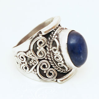 Bijoux ethniques indiens bague chevalire en argent 925 femme et pierre fine ovale filigranes grave Lapis Lazuli bleu npalais - Npal 023 b