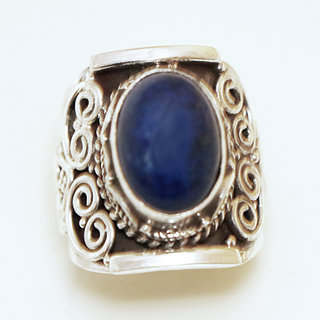 Bijoux ethniques indiens bague chevalire en argent 925 femme et pierre fine ovale filigranes grave Lapis Lazuli bleu npalais - Npal 023 c