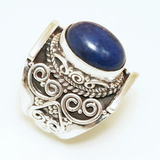 Bijoux ethniques indiens bague chevalire en argent 925 femme et pierre fine ovale filigranes grave Lapis Lazuli bleu npalais - Npal 023