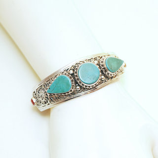 Bijoux Indiens Ethniques bracelet manchette en argent 925 femme tibetain bouddhiste filigranes newari pierre fine turquoise naturelle vritable rglable ajustable ouvert - Npal 001 b