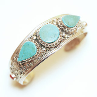 Bijoux Indiens Ethniques bracelet manchette en argent 925 femme tibetain bouddhiste filigranes newari pierre fine turquoise naturelle vritable rglable ajustable ouvert - Npal 001 a