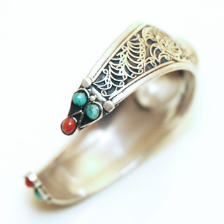 Bijoux Indiens Ethniques bracelet manchette en argent 925 femme tibetain bouddhiste filigranes newari pierre fine turquoise naturelle vritable rglable ajustable ouvert - Npal 005 c