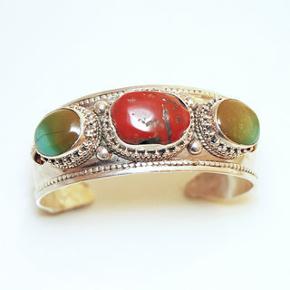 Bijoux Indiens Ethniques bracelet manchette en argent 925 femme tibetain bouddhiste filigranes newari pierre fine turquoise corail naturelle vritable rglable ajustable ouvert - Npal 010 d