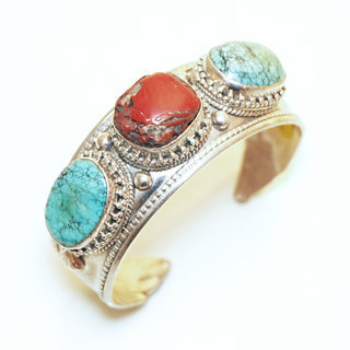 Bijoux Indiens Ethniques bracelet manchette en argent 925 femme tibetain bouddhiste filigranes newari pierre fine turquoise corail naturelle vritable rglable ajustable ouvert - Npal 016 a