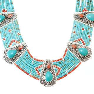 Bijoux Ethniques indiens grand collier en argent 925 plastron tibtain femme multi-rangs filigrane et pierre fine turquoise naturelle vritable corail tibtains npalais - Npal 001 b