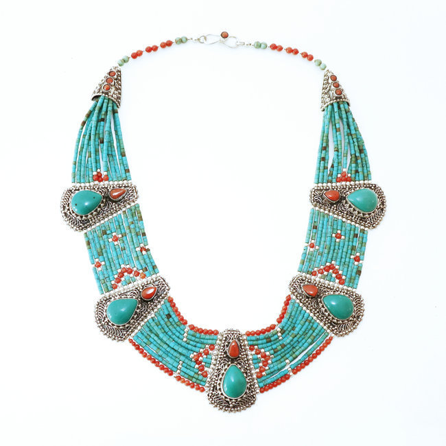 Collier plastron Tibétain en argent 925 Turquoise naturelle et Corail - Népal 001