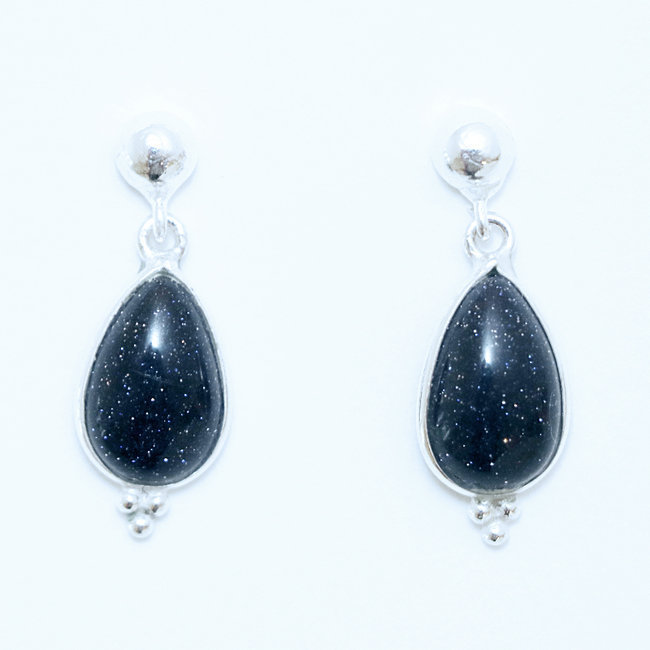 Bijoux Indiens Ethniques boucles d'oreilles argent 925 et pierre fine pendante perle goutte - Inde 022 Pierre de Soleil bleue paillette
