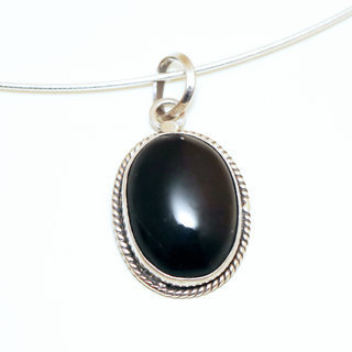 Bijoux Indiens Ethniques pendentif argent 925 et pierre fine petit ovale grav - Inde 027 Onyx noir b