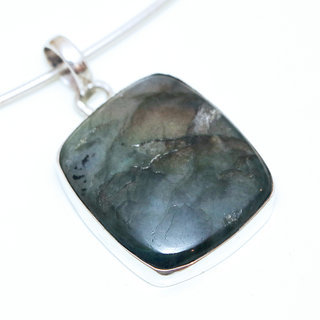 Bijoux Indiens Ethniques pendentif argent 925 massif et pierre fine Labradorite gris vert kaki rectangle rectangulaire - Inde 067a