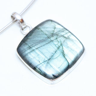 Bijoux Indiens Ethniques pendentif argent 925 massif et pierre fine Labradorite gris vert kaki carr  - Inde 065a