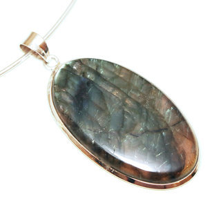 Bijoux Indiens Ethniques pendentif argent 925 et pierre fine Labradorite gris vert kaki grand ovale  - Inde 044a