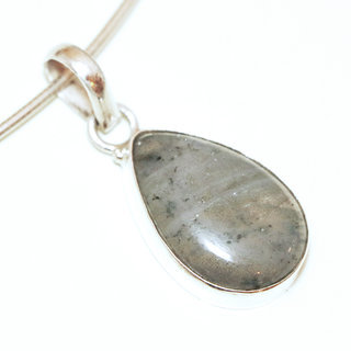 Bijoux Indiens Ethniques pendentif argent 925 et pierre fine Labradorite gris vert kaki petite goutte - Inde 046a