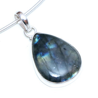 Bijoux Indiens Ethniques pendentif filigranes argent 925 et pierre fine Labradorite gris vert kaki petite goutte - Inde 049a