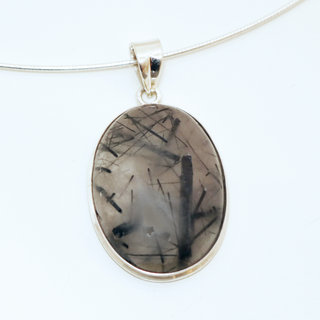 Bijoux Indiens Ethniques pendentif argent 925 et pierre fine grand ovale Quartz rutile transparent noir - Inde 052 b