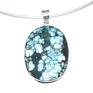 Bijoux Indiens Ethniques grand pendentif argent 925 femme pierres semi-prcieuses vraie Turquoise naturelle vritable ovale - Inde 053b