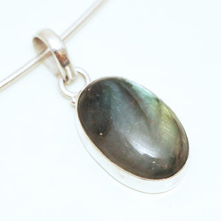 Bijoux Indiens Ethniques pendentif argent 925 massif et pierre fine Labradorite gris vert kaki petit ovale - Inde 054a