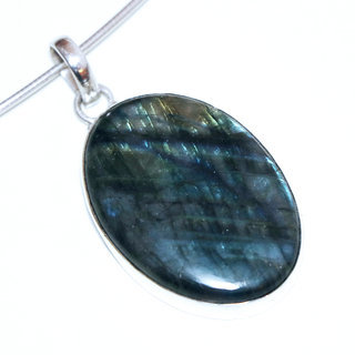 Bijoux Indiens Ethniques pendentif argent 925 et pierre fine Labradorite gris vert kaki grand ovale - Inde 057a