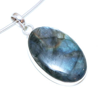 Bijoux Indiens Ethniques pendentif argent 925 et pierre fine Labradorite gris vert kaki ovale - Inde 058a