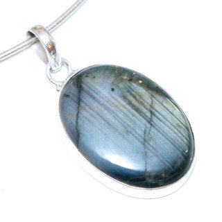 Bijoux Indiens Ethniques pendentif argent 925 et pierre fine Labradorite gris vert kaki ovale - Inde 059a