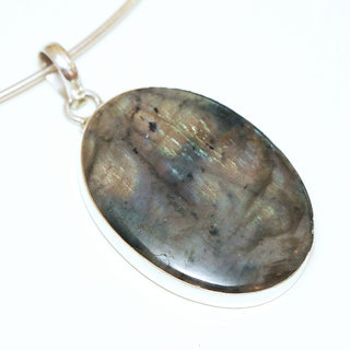 Bijoux Indiens Ethniques pendentif argent 925 et pierre fine Labradorite gris vert kaki grand ovale - Inde 060a