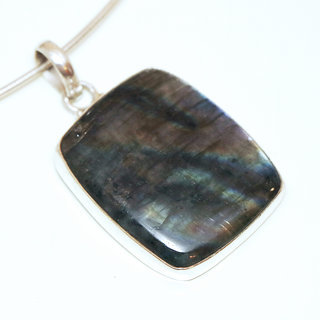 Bijoux Indiens Ethniques pendentif argent 925 massif et pierre fine Labradorite gris vert kaki grand rectangle  - Inde 063a