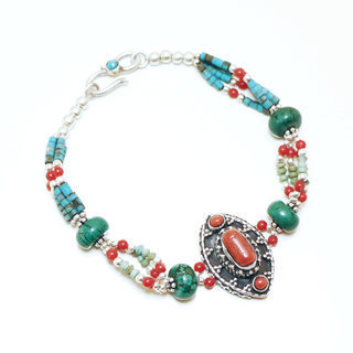 Bijoux Ethniques indiens bracelets argent 925 et pierre fine turquoise corail npalais - Npal 022