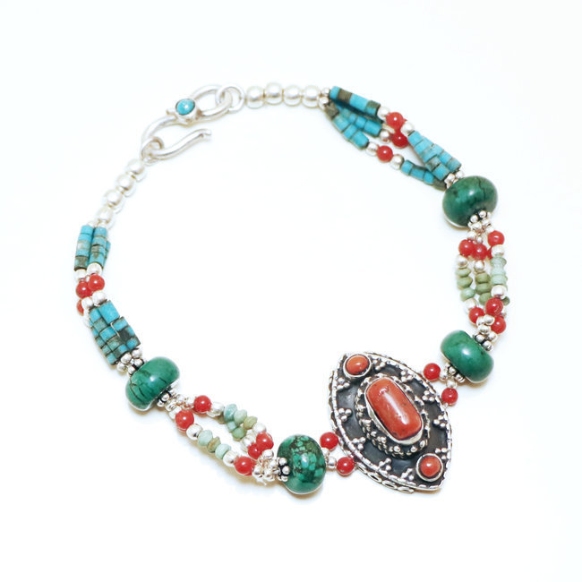 Bracelet fin argent 925 Turquoise et Corail - Népal 022