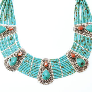 Bijoux Ethniques indiens grand collier en argent 925 plastron tibtain femme multi-rangs filigrane et pierre fine turquoise naturelle vritable corail tibtains npalais - Npal 002 b