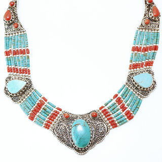 Bijoux Ethniques indiens grand collier en argent 925 plastron tibtain femme multi-rangs filigrane et pierre fine turquoise naturelle vritable corail tibtains npalais - Npal 003 b