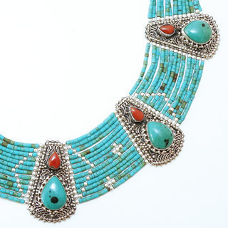 Bijoux Ethniques indiens grand collier en argent 925 plastron tibtain femme multi-rangs filigrane et pierre fine turquoise naturelle vritable corail tibtains npalais - Npal 005 b