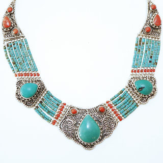 Bijoux Ethniques indiens grand collier en argent 925 plastron tibtain femme multi-rangs filigrane et pierre fine turquoise naturelle vritable corail tibtains npalais - Npal 004 b